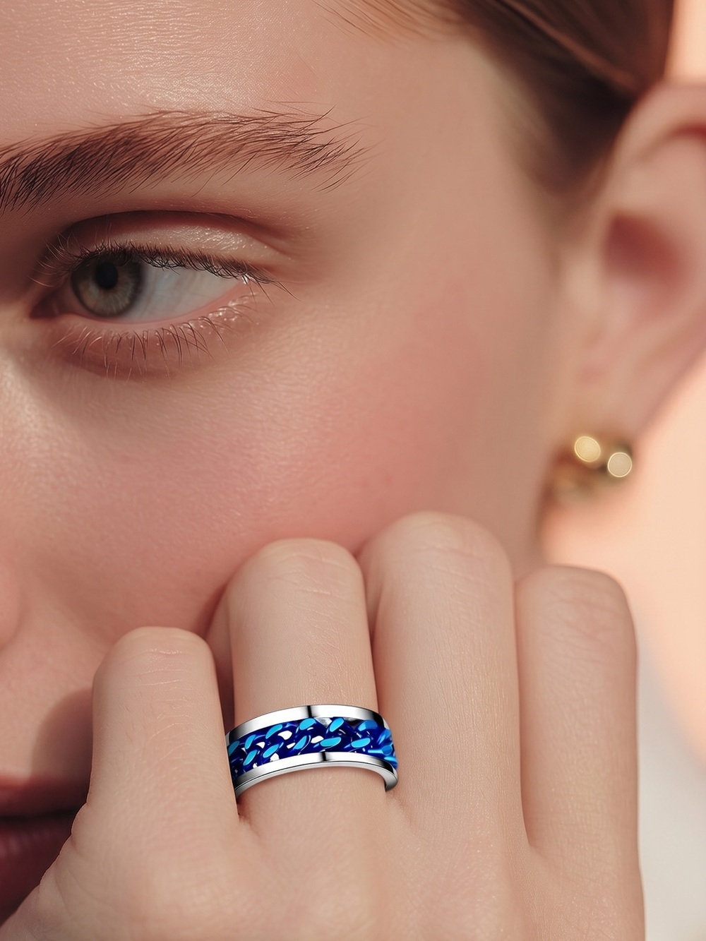 SPINNER RING Stainless Steel Blue Plated For Fidgeting & Anxiety Womens Size 5.5